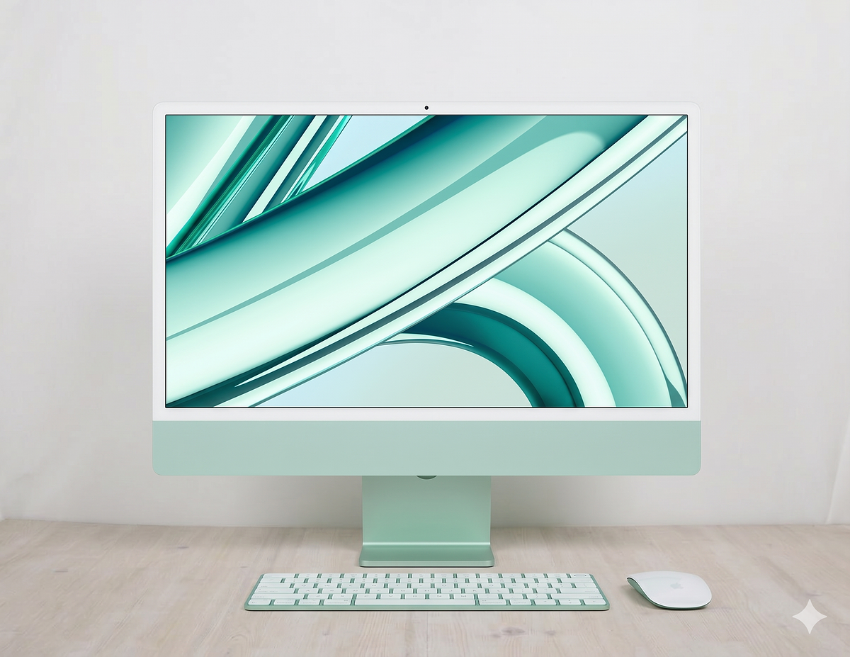 Το μοντέλο iMac \"M1\" με 8 πυρήνες CPU/8 πυρήνες GPU/4 θύρες USB-C σε σχήμα (2021) διαθέτει επεξεργαστή Apple M1 5 nm 3,2 GHz με 8 πυρήνες (4 πυρήνες απόδοσης και 4 πυρήνες αποδοτικότητας), GPU 8 πυρήνων, Neural Engine 16 πυρήνων, 16GB μνήμης RAM και ενσωματωμένο SSD 1Tbyte. Όλα αυτά μέσα σε ένα λεπτό περίβλημα αλουμινίου με επίπεδες άκρες που περιλαμβάνει μια οθόνη 23,5\" 4480x2520, 218 PPI, με οπίσθιο φωτισμό LED, \"True Tone\" widescreen \"Retina 4.5K\" τοποθετημένη σε μια κομψή βάση αλουμινίου. Αυτό το συγκεκριμένο μοντέλο προσφέρεται σε πράσινο ομοιόμορφο ασημί χρώμα. Διαθέτει επίσης ενσωματωμένη κάμερα FaceTime HD 1080p, μια \"συστοιχία τριών μικροφώνων ποιότητας στούντιο\" και ένα \"σύστημα έξι ηχείων υψηλής πιστότητας\" που υποστηρίζει Spatial Audio με Dolby Atmos. Η συνδεσιμότητα περιλαμβάνει δύο θύρες Thunderbolt / USB 4 και δύο θύρες USB 3 (όλες με υποδοχή USB-C), μια υποδοχή ακουστικών 3,5 mm τοποθετημένη βολικά στην αριστερή άκρη της οθόνης, Wi-Fi 6 (802.11ax) και Bluetooth 5.0. Το Gigabit Ethernet παρέχεται από προεπιλογή μέσω θύρας στο τροφοδοτικό.