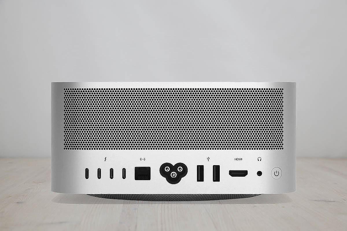 The Mac Studio \"M4 Max\" 14-Core CPU/32-Core GPU -- features a 4.5 GHz Apple M4 Max processor with fourteen cores (ten performance cores and four efficiency cores), a 32-core GPU, a 16-core Neural Engine, a \"Media Engine\" that provides hardware acceleration for video encoding and decoding, 36 GB of RAM, and a 512 GB SSD. Connectivity includes two USB-C ports and an SDXC (UHS-II) card slot on the front and four Thunderbolt 5 ports, two USB-A ports, an HDMI port, a 10-Gigabit Ethernet port, and a 3.5 mm headphone jack on the back. It has 802.11ax (Wi-Fi 6E), too.