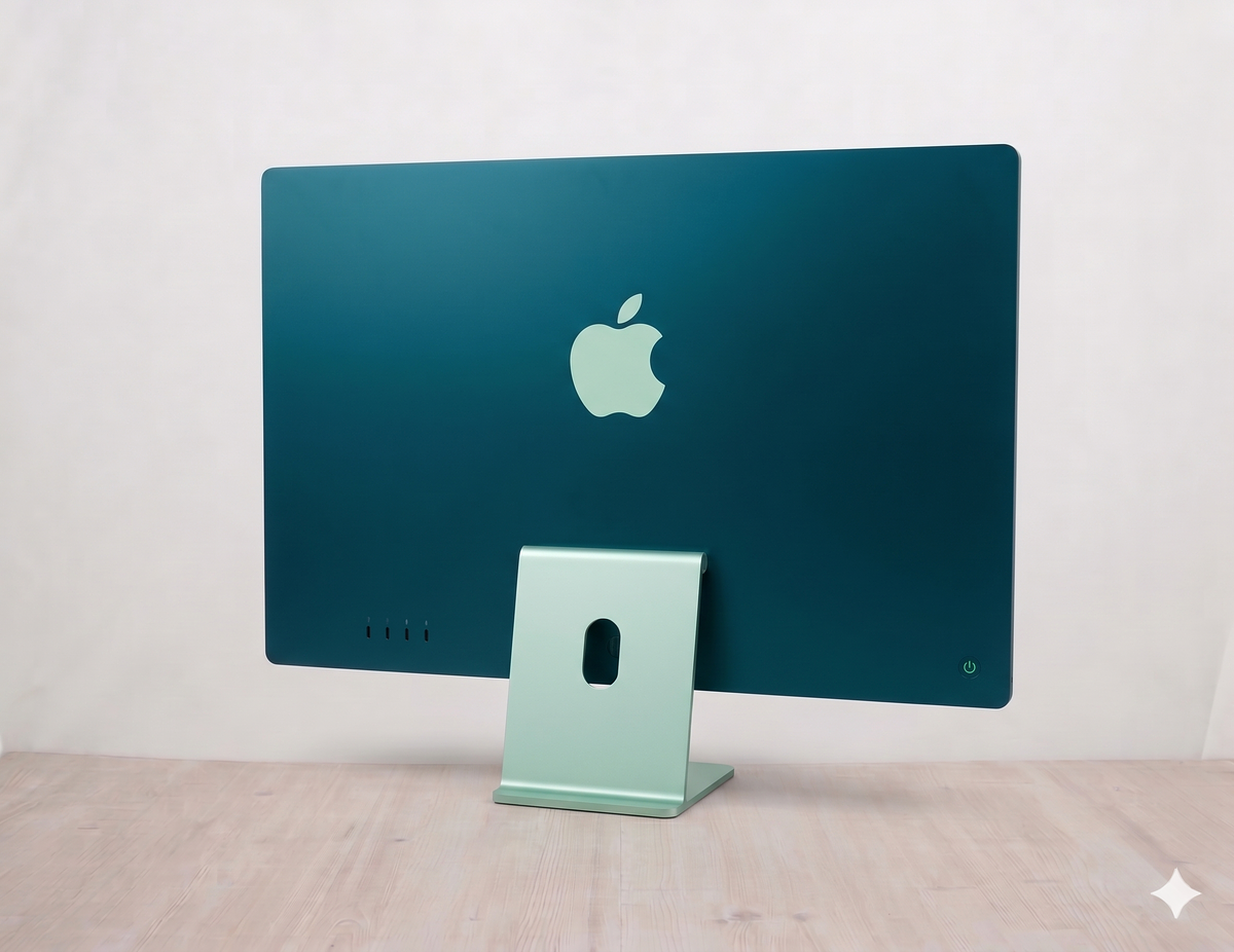 Το μοντέλο iMac \"M1\" με 8 πυρήνες CPU/8 πυρήνες GPU/4 θύρες USB-C σε σχήμα (2021) διαθέτει επεξεργαστή Apple M1 5 nm 3,2 GHz με 8 πυρήνες (4 πυρήνες απόδοσης και 4 πυρήνες αποδοτικότητας), GPU 8 πυρήνων, Neural Engine 16 πυρήνων, 16GB μνήμης RAM και ενσωματωμένο SSD 1Tbyte. Όλα αυτά μέσα σε ένα λεπτό περίβλημα αλουμινίου με επίπεδες άκρες που περιλαμβάνει μια οθόνη 23,5\" 4480x2520, 218 PPI, με οπίσθιο φωτισμό LED, \"True Tone\" widescreen \"Retina 4.5K\" τοποθετημένη σε μια κομψή βάση αλουμινίου. Αυτό το συγκεκριμένο μοντέλο προσφέρεται σε πράσινο ομοιόμορφο ασημί χρώμα. Διαθέτει επίσης ενσωματωμένη κάμερα FaceTime HD 1080p, μια \"συστοιχία τριών μικροφώνων ποιότητας στούντιο\" και ένα \"σύστημα έξι ηχείων υψηλής πιστότητας\" που υποστηρίζει Spatial Audio με Dolby Atmos. Η συνδεσιμότητα περιλαμβάνει δύο θύρες Thunderbolt / USB 4 και δύο θύρες USB 3 (όλες με υποδοχή USB-C), μια υποδοχή ακουστικών 3,5 mm τοποθετημένη βολικά στην αριστερή άκρη της οθόνης, Wi-Fi 6 (802.11ax) και Bluetooth 5.0. Το Gigabit Ethernet παρέχεται από προεπιλογή μέσω θύρας στο τροφοδοτικό.