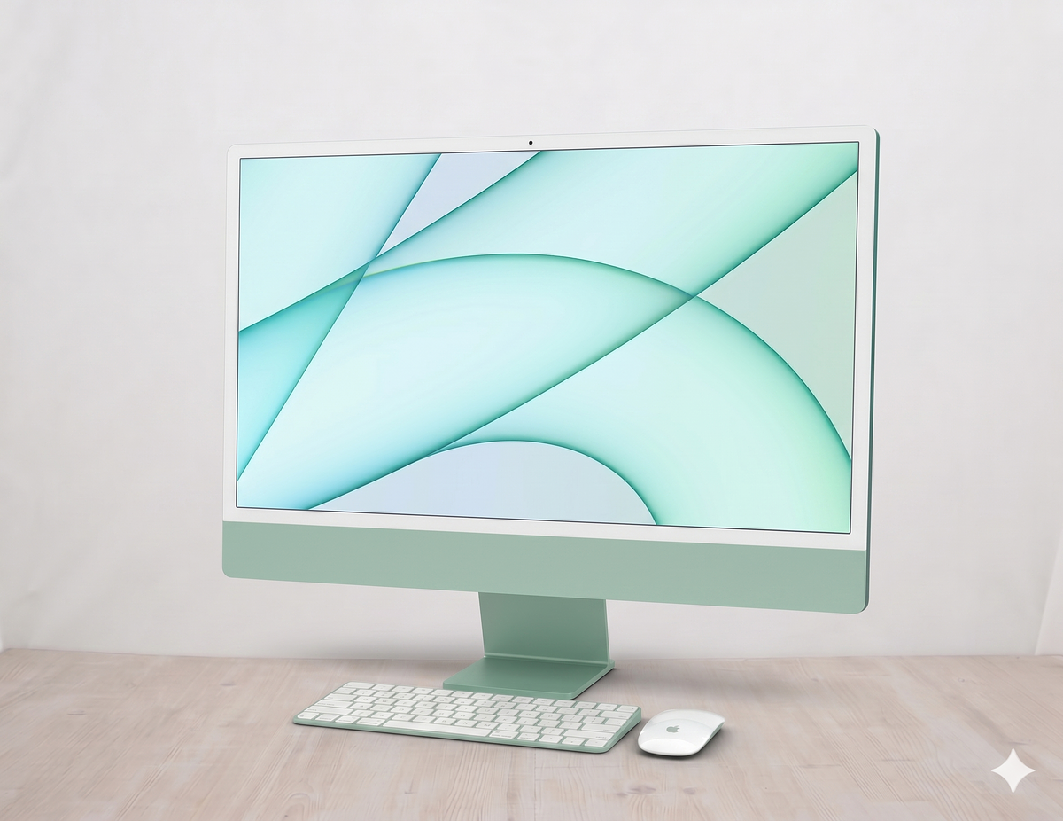 Το μοντέλο iMac \"M1\" με 8 πυρήνες CPU/8 πυρήνες GPU/4 θύρες USB-C σε σχήμα (2021) διαθέτει επεξεργαστή Apple M1 5 nm 3,2 GHz με 8 πυρήνες (4 πυρήνες απόδοσης και 4 πυρήνες αποδοτικότητας), GPU 8 πυρήνων, Neural Engine 16 πυρήνων, 16GB μνήμης RAM και ενσωματωμένο SSD 1Tbyte. Όλα αυτά μέσα σε ένα λεπτό περίβλημα αλουμινίου με επίπεδες άκρες που περιλαμβάνει μια οθόνη 23,5\" 4480x2520, 218 PPI, με οπίσθιο φωτισμό LED, \"True Tone\" widescreen \"Retina 4.5K\" τοποθετημένη σε μια κομψή βάση αλουμινίου. Αυτό το συγκεκριμένο μοντέλο προσφέρεται σε πράσινο ομοιόμορφο ασημί χρώμα. Διαθέτει επίσης ενσωματωμένη κάμερα FaceTime HD 1080p, μια \"συστοιχία τριών μικροφώνων ποιότητας στούντιο\" και ένα \"σύστημα έξι ηχείων υψηλής πιστότητας\" που υποστηρίζει Spatial Audio με Dolby Atmos. Η συνδεσιμότητα περιλαμβάνει δύο θύρες Thunderbolt / USB 4 και δύο θύρες USB 3 (όλες με υποδοχή USB-C), μια υποδοχή ακουστικών 3,5 mm τοποθετημένη βολικά στην αριστερή άκρη της οθόνης, Wi-Fi 6 (802.11ax) και Bluetooth 5.0. Το Gigabit Ethernet παρέχεται από προεπιλογή μέσω θύρας στο τροφοδοτικό.