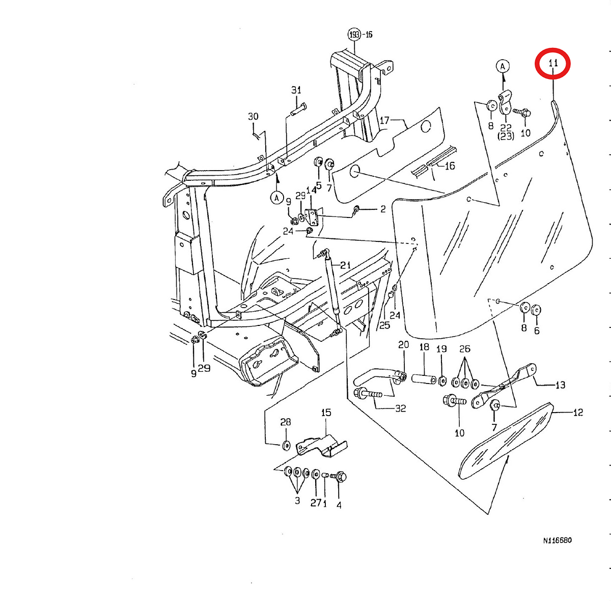 Rear glass Yanmar: 198094-83610. Used and new spare parts, imported from Japan in excellent condition. Find genuine - original and aftermarket spare parts for all Yanmar tractors at affordable prices.